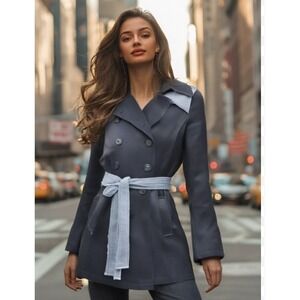 DKNY Trench Coat Womens Size Medium Blue Double Breasted Button Epaulette Belt